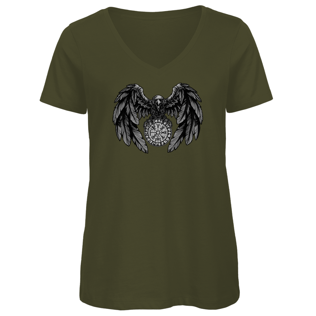 Rabe mit Futhark und Vegvisir - Damen Premium V-Neck T-Shirt